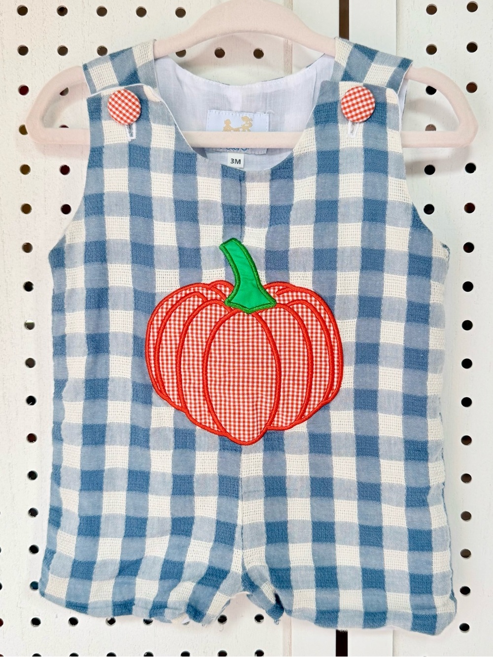 Busy Bees Smocks Baby Blue Gingham Pumpkin Applique Jon Jon Romper 3M